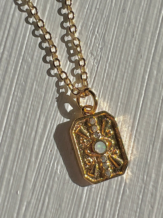 Mini Evil Eye Opalite & Pave Plate Gold Necklace